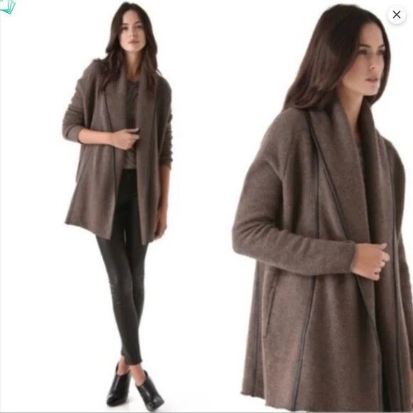 Vince Brown Leather Trim Cardigan Sweater yak wool open - Picture 2 of 8